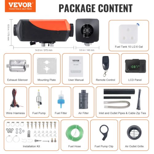  VEVOR 12V – 8 kW Dízel Levegős Fűtés – Bluetooth Vezérléssel, 10 Literes Tartállyal, Magashegyi Kompenzációval
