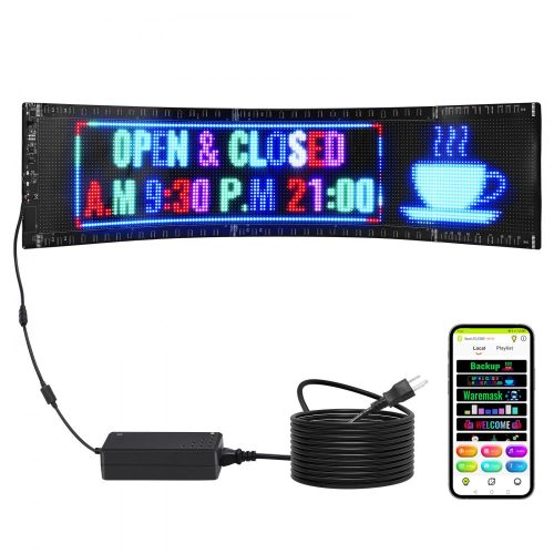 VEVOR Programozható LED Reklámkijelző – Teljes Szín, Bluetooth, Hajlítható, IP65, 32×160 Pixel