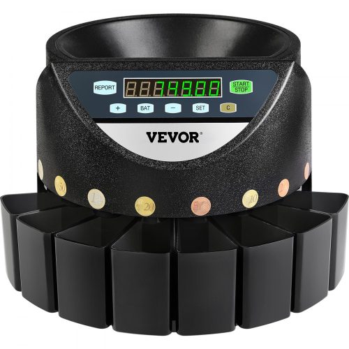 VEVOR Érmeszámláló Gép – 7 Számjegyű LED Kijelző, Automatikus Rendezés, Nagy Kapacitás