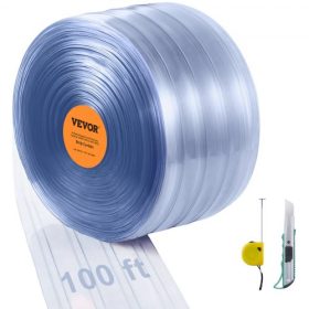   VEVOR szalagfüggöny, 100 láb hosszú x 12" szélesség x 0,12" vastagság, átlátszó bordázott PVC függönyszalag ajtóra, ömlesztett tekercs, műanyag ajtószalagok szupermarketek, garázsok, raktárak, istállók, kisállatházak ajtajához