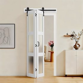   VEVOR kétszárnyú pajtaajtó, 914 x 2134 mm, MDF edzett üveggel, kétszárnyú tolóajtós gardróbhoz, vasalatkészlettel, helytakarékos kialakítás, előre összeszerelt panelek hálószobába, nappaliba, ruhásszekrénybe, fehér