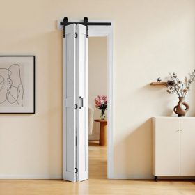   VEVOR kétszárnyú pajtaajtó, 609 x 2134 mm, MDF kétszárnyú tolóajtók, vasalatkészlettel, H-keret, helytakarékos kialakítás, összeszerelést igényel, hálószobába, nappaliba, gardróbba, térelválasztóba, fehér