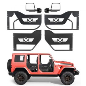  VEVOR Jeep csőajtók, 4 ajtós, kompatibilis a 2018-2026-os Jeep Wrangler JL JLU és Gladiator JT 4XE modellekkel, acél terepjáró első és hátsó csőajtók DOT tanúsítvánnyal rendelkező oldalsó tükrökkel és gumibetétekkel