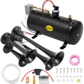   VEVOR 4 trombitavonat légkürt készlet 12 V-os légkompresszor 150 PSI légkürt készlet 4 kürt légkürt kompresszor tartálykapacitás 3 liter szuper hangos teherautóhoz, autóhoz, hajóhoz (4 trombita)