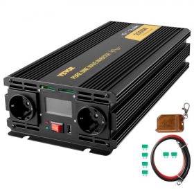   VEVOR tiszta szinuszhullámú inverter 2500 W-os teljesítményváltó DC 12V AC 230V, autós inverter USB porttal, LCD kijelzővel, távirányítóval, biztonsági védelemmel, teljesítményátalakító lakókocsikhoz, teherautókhoz, hajókhoz és vé