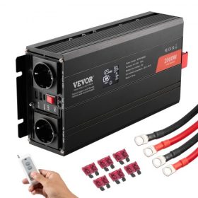   VEVOR tiszta szinuszhullámú inverter, 2000 watt, DC 12V - AC 230V inverter 2 hálózati aljzattal, 2 USB porttal, 1 Type-C porttal, LCD kijelzővel és távirányítóval közepes méretű háztartási készülékekhez, CE FCC