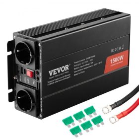   VEVOR módosított szinuszhullámú inverter, 1500 W, DC 12 V - AC 230 V teljesítményváltó 2 hálózati aljzattal, 2 USB porttal, 1 C típusú porttal és 6 tartalék biztosítékkal, kis otthoni eszközökhöz, például okostelefonokhoz, laptopo