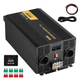   VEVOR tiszta szinuszhullámú inverter, 3000 watt, DC 24V - AC 230V tápegység autós inverter, USB portos LCD kijelzős távirányítóval és EU aljzatokkal, lakókocsihoz, teherautóhoz, autós napelemes rendszerhez, utazáshoz, kempingezésh