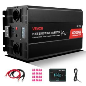   VEVOR 4000 W-os inverter, 12 V DC-ről 230 V AC-re, tiszta szinusz hullámú inverter, napelemes autós töltő átalakító LCD kijelzővel, távirányítóval, 2 USB porttal, 2 AC aljzattal, C típusú porttal, lakókocsihoz, teherautóhoz, külté
