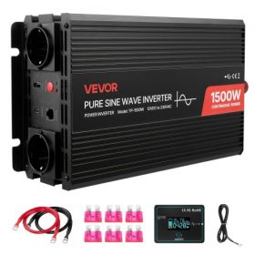   VEVOR 1500 W-os inverter, 12 V DC-ről 230 V AC-re átalakító tiszta szinuszhullámú inverter, autós töltő átalakító távirányítóval, USB és C típusú portokkal, 2 hálózati aljzattal, gyors töltés lakókocsikhoz, teherautókhoz, kültéri