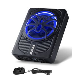   VEVOR 10"-os, 440 W-os ülés alatti mélynyomó, karcsú, aktív autós mélynyomók ​​kék hangulatfénnyel, alacsony profilú audio mélynyomó az ülés alatt beépített erősítővel, távirányító SUV-okhoz, autókhoz, teherautókhoz, lakókocsikhoz