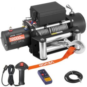   VEVOR elektromos csörlő, 5400 kg teherbírás, 12 V DC teherautó-csörlő Φ9.1 mm x 24 m acélkötéllel, vezeték nélküli és vezetékes távirányítóval, IP55 vízálló SUV, Jeep, utánfutó, hajó, terepjáró vontatásához
