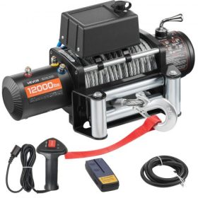   VEVOR elektromos csörlő, 5400 kg teherbírás, 12 V DC teherautó-csörlő Φ9,1 mm x 26 m acélkötéllel, vezeték nélküli és vezetékes távirányítóval, alkalmas SUV, Jeep, utánfutó, hajó, terepjáró vontatására