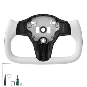   VEVOR kormánykerék 2016-2023 Tesla Model 3-hoz, karbon kormánykerék D alakú, lapos aljú, fűtési funkcióval, bőr markolat csúszásgátló textúrával, 3-as modellhez cserélhető tartozékok, fehér