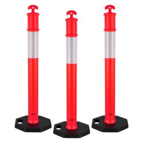   VEVOR 3 db-os forgalomhatároló oszlop, 1140 mm-es forgalombiztonsági kúpok súlyozott talppal és fényvisszaverő csíkokkal, nagy teherbírású határoló oszlopok építési területekre, parkolókba, tömegirányításra, piros