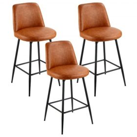   VEVOR bárszék szett 3 db, 69 cm-es pultmagasságú forgószék, modern PU bőr bárszék háttámlával és fém lábakkal, kar nélküli bárszék, sziget bárszék konyhába, étkezőbe, barna