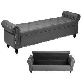   VEVOR gombos tárolóoszmán pad, hengerelt karú PU bőr pad tömörfa lábakkal, modern cipőpadok ülés a bejárathoz, kárpitozott ágyvégi padok nappaliba, étkezőbe, szürke