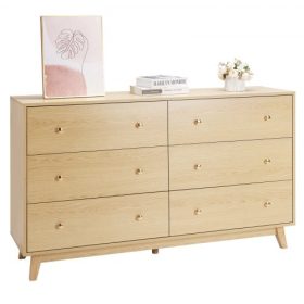   VEVOR 6 fiókos komód, fa fiókos szekrény csúszkával és borulásgátlóval, modern minimalista komód, szekrénytároló rendszerező nappaliba, előszobába, hálószobába, előszobába, világos fa