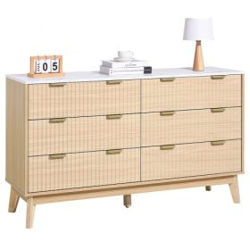   VEVOR 6 bordázott fiókos komód, fa fiókos szekrény tolóajtóval és borulásgátlóval, modern minimalista komód, bordázott szekrénytároló nappaliba, előszobába, hálószobába, előszobába, világos fa