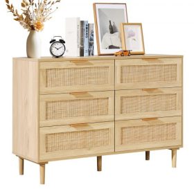   VEVOR 6 fiókos rattan komód, bohém komód, rattan fiókos szekrény tágas tárolóval, természetes rattan komód hálószobába, nappaliba és előszobába, rattan éjjeliszekrény masszív fogantyúkkal és lábakkal, barna