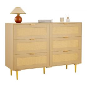   VEVOR 6 fiókos rattan komód, dupla komód hálószobába, természetes rattan fiókos szekrény fém fogantyúkkal és lábakkal, modern fa láda ruhaszervező és tároló hálószobába, nappaliba, előszobába