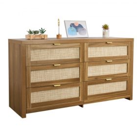   VEVOR 6 fiókos rattan komód, dupla komód hálószobába, természetes rattan fiókos szekrény fém fogantyúval, modern fa láda ruharendező és tároló hálószobába, nappaliba, előszobába, diófa