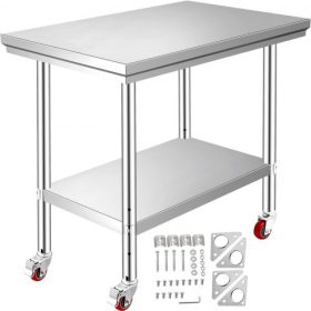   VEVOR rozsdamentes acél munkaasztal 12 x 24 x 34 hüvelyk, 700 font teherbírás 4 kerékkel, 3 állítható magasságú szint, nagy teherbírású ételkészítő munkaasztal kereskedelmi konyhai étteremhez, ezüst