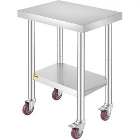   VEVOR rozsdamentes acél munkaasztal 24 x 18 x 34 hüvelyk, 700 font teherbírás 4 kerékkel, 3 állítható magasságú szint, nagy teherbírású ételkészítő munkaasztal kereskedelmi konyhai étteremhez, ezüst