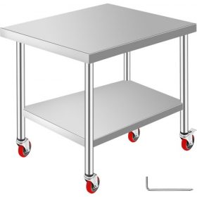   VEVOR rozsdamentes acél munkaasztal 36 x 30 x 34 hüvelyk, 700 font teherbírás 4 kerékkel, 3 állítható magasságú szint, nagy teherbírású ételkészítő munkaasztal kereskedelmi konyhai étteremhez, ezüst