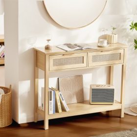   VEVOR Rattan konzolasztal 2 fiókkal, Rattan előszobaasztal natúr rattan tolóajtóval, Konzol kanapéasztal nappaliba, dolgozószobába, előszobába vagy TV-falra, natúr