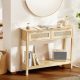 VEVOR Rattan konzolasztal 2 fiókkal, Rattan előszobaasztal natúr rattan tolóajtóval, Konzol kanapéasztal nappaliba, dolgozószobába, előszobába vagy TV-falra, natúr
