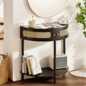  VEVOR félhold alakú rattan konzolasztal 2 fiókkal, rattan előszobaasztal natúr rattan tolóajtóval, konzolasztal tárolóval nappaliba, dolgozószobába, előszobába vagy TV-falra, fekete