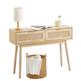   VEVOR Rattan konzolasztal 2 fiókkal, Rattan előszobaasztal natúr rattan tolóajtóval, Konzol kanapéasztal nappaliba, dolgozószobába, előszobába vagy TV-falra, natúr