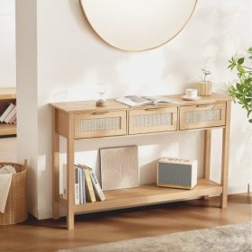   VEVOR Rattan konzolasztal 3 fiókkal, Rattan előszobaasztal natúr rattan tolóajtóval, Konzol kanapéasztal nappaliba, dolgozószobába, előszobába vagy TV-falra, natúr