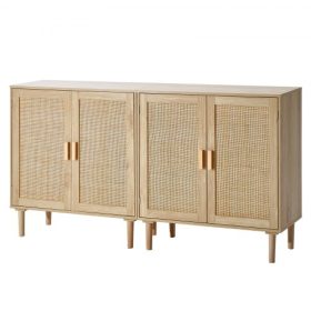   VEVOR Rattan szekrény, 2 darabos szett, Rattan tárolószekrény 4 mágneses ajtóval és állítható polcokkal, Tálalószekrény előszobába, nappaliba vagy konyhába, natúr