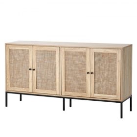   VEVOR Rattan szekrény, Rattan tárolószekrény 4 mágneses ajtóval és állítható polcokkal, Tálalószekrény előszobába, nappaliba vagy konyhába, natúr