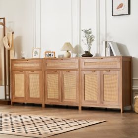   VEVOR Rattan szekrény, 3 darabos szett, Rattan tárolószekrény 6 mágneses ajtóval és 3 fiókkal, Tálalószekrény állítható polcokkal, előszobába, nappaliba vagy konyhába, natúr