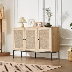   VEVOR Rattan szekrény, Rattan tárolószekrény 3 mágneses ajtóval és állítható polcokkal, Tálalószekrény előszobába, nappaliba vagy konyhába, natúr
