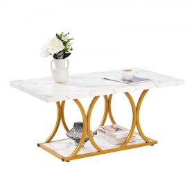   VEVOR dohányzóasztal, modern műmárvány dohányzóasztal, kétszintes téglalap alakú középső íróasztal geometrikus lábakkal, minimalista, masszív fémvázas díszes végasztal nappaliba, irodába, könnyen összeszerelhető, fehér
