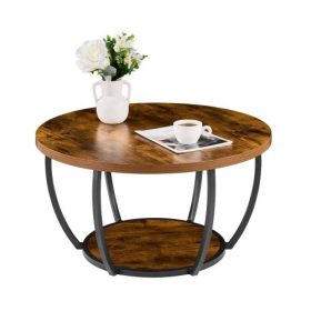   VEVOR dohányzóasztal, modern kerek dohányzóasztal, 2 szintes, fa kör alakú középső íróasztal nyitott tárolóval, minimalista, masszív fémvázas díszes végasztal nappaliba, irodába, könnyen összeszerelhető, rusztikus barna