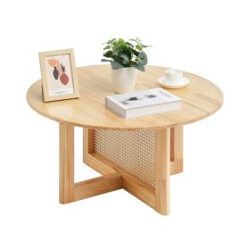   VEVOR Rattan dohányzóasztal, kerek rattan szőtt fa dohányzóasztal gumifa tetejjel, 33 hüvelykes modern bohém kör alakú tárolós dohányzóasztal természetes fa lábakkal, nappaliba, hálószobába és kis helyiségekbe
