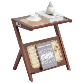   VEVOR Rattan dohányzóasztal, Z alakú rattan szőtt bambusz dohányzóasztal edzett üveglappal, 20” modern bohém tárolós dohányzóasztal természetes bambusz lábakkal, nappaliba, hálószobába és kisebb helyiségekbe