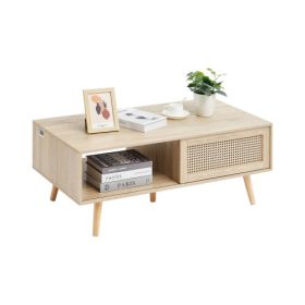   VEVOR rattan dohányzóasztal, századközepi modern dohányzóasztal, téglalap alakú fa dohányzóasztal, 42 hüvelykes modern bohém stílusú kétrétegű tárolós dohányzóasztal, nappaliba, hálószobába és kis helyiségekbe