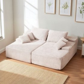   VEVOR 210 cm-es túlméretezett kétszemélyes heverő, kordbársony szövetből készült szekcionált kanapé, kényelmes, mély üléses kétszemélyes kanapé puha párnákkal és díszpárnákkal nappaliba, hálószobába, összeszerelést nem igényel, bé