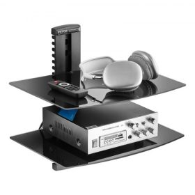   VEVOR üveg lebegő polcok, akár 8 kg-ot is elbír, TV fali tartó polccal, megerősített lebegő szórakoztatóközpont DVD-lejátszókhoz / PS4-hez / kábeltévé-dobozokhoz / játékkonzolokhoz / Sky Boxhoz / TV-kiegészítőkhöz - 2 szint