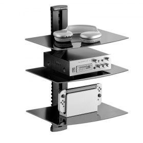   VEVOR üveg lebegő polcok, akár 8 kg-ot is elbír, TV fali tartó polccal, megerősített lebegő szórakoztatóközpont DVD-lejátszókhoz / PS4-hez / kábeltévé-dobozokhoz / játékkonzolokhoz / Sky Boxhoz / TV-kiegészítőkhöz - 3 szint