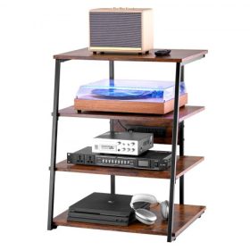   VEVOR 4-szintes AV médiaállvány elosztókkal, sarok TV-állvány LED lámpákkal, állítható magasságú fa polcok DVD-lejátszókhoz/kábeldobozokhoz/játékkonzolokhoz, barna