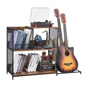   VEVOR 3-szintes lemezjátszó állvány gitártartóval, lemezjátszó állvány tárolóval akár 300 albumot is képes tárolni, vinyl lemezszekrény fém hálós kerettel nappaliba, hálószobába, fekete