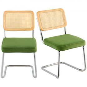   VEVOR Rattan székek, 2 darabos szett, századközepi modern étkezőszék, kárpitozott bársony díszítőfotel rattan háttámlával, retró étkező konyhai szék nappaliba, hálószobába, olvasószobába, irodába, zöld