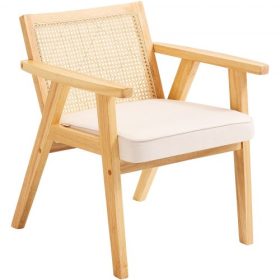   VEVOR Rattan szék, Közép-modern étkezőszék karfával, kárpitozott szék rattan háttámlával, retró rattan étkező konyhai szék nappaliba, hálószobába, olvasószobába és irodába, bézs